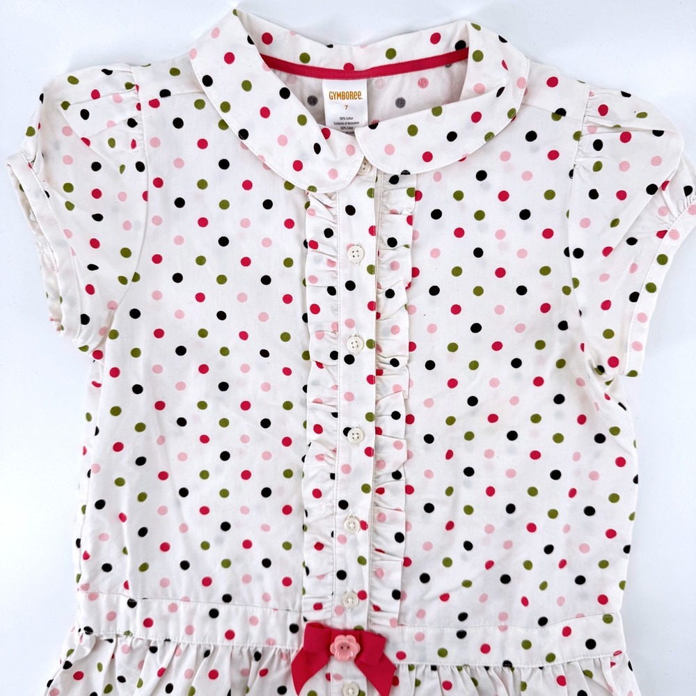 Gymboree Polka Dot Blouse Kids Size 7 White Pink Ruffle Peter Pan Collar Bow